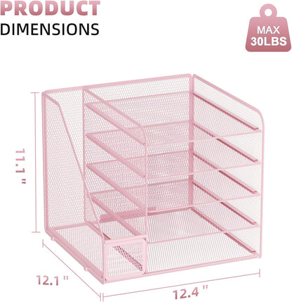Marbrasse Desk Organizers and Accessories, 5-Tier Paper Letter Tray Organizer with File Holder, Mesh File Organizer for Desk, Office Desk Accessories & Organization for Supplies (Pink)