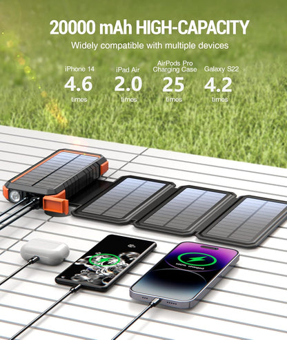 BLAVOR Solar Charger Power Bank, PD 18W Fast Charging 20000mAh Battery Pack with 4 Foldable Panels, Portable Solar Panel Charger with Camping Flashlight Compass Carabiner for All Cell Phone