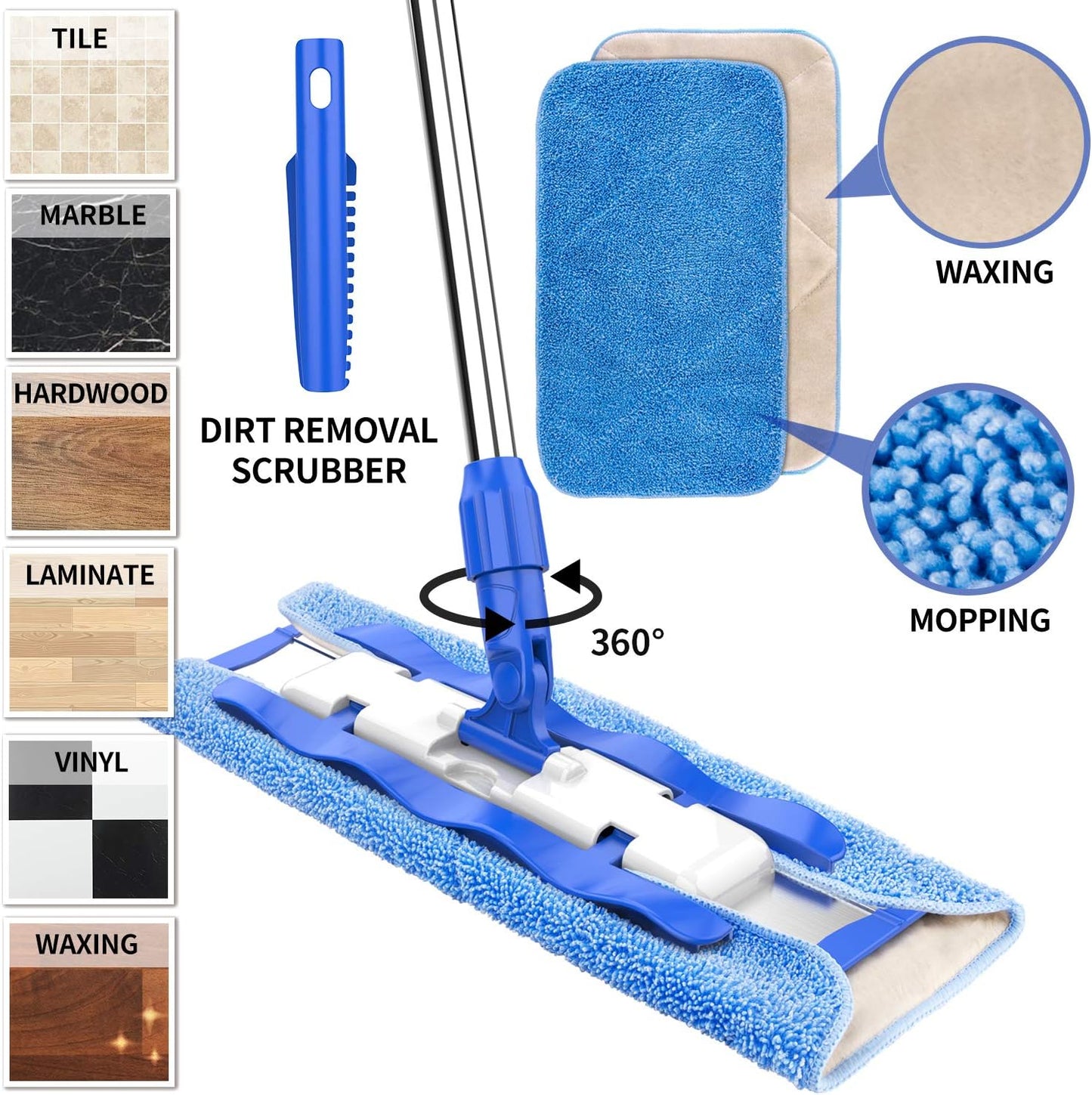 MR.SIGA Professional Microfiber Mop for Hardwood, Laminate, Tile Floor Cleaning, Stainless Steel Handle - 3 Reusable Flat Mop Pads and 1 Dirt Removal Scrubber Included