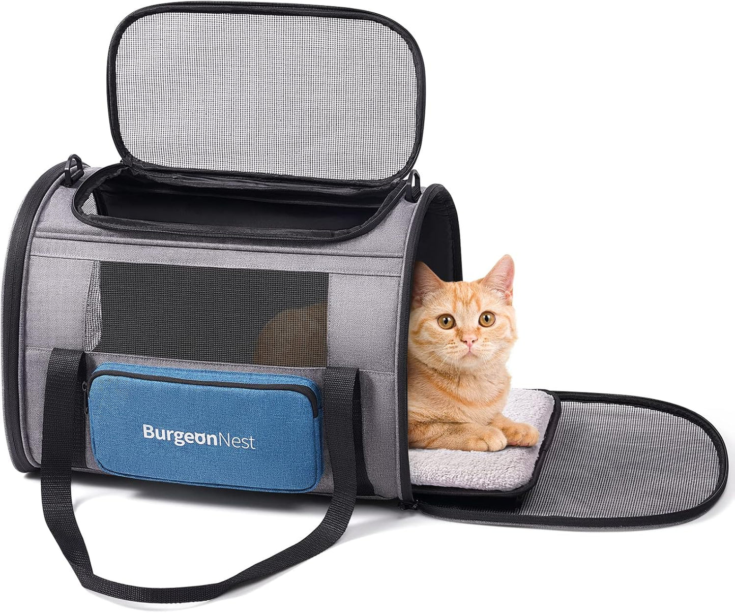 BurgeonNest Cat Carriers for Medium Cats Under 25 lbs, Pet Carrier for Cats with Unique Side Bag,Top Load Small Pet Carrier Soft-Sided Escape Proof with 4 Ventilated Windows