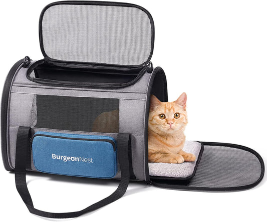 BurgeonNest Cat Carriers for Medium Cats Under 25 lbs, Pet Carrier for Cats with Unique Side Bag,Top Load Small Pet Carrier Soft-Sided Escape Proof with 4 Ventilated Windows