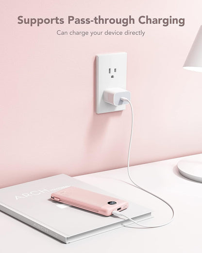 Portable Charger Built-in Cables and AC Wall Plug, VRURC USB C Power Bank 10000mAh, [2025 Upgraded Version] Phone Charger Compact Lightweight External Battery Pack for Smart Phones,Navy Blue