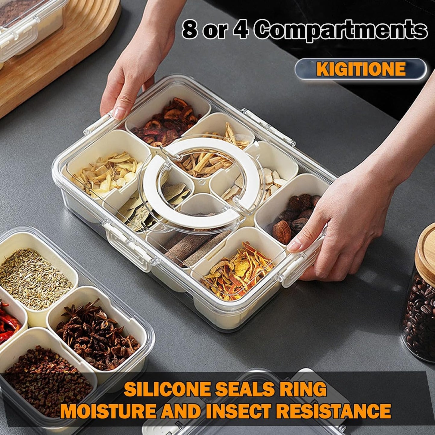 KIGITIONE Snackle Box, Pink 8 Compartments Portable Serving Tray, Divided Snackle Box Container with Lid and Handle, Snack Organizer for Fruits, Snacks, Nuts, Candy, Ideal for Party, Travel & Picnics