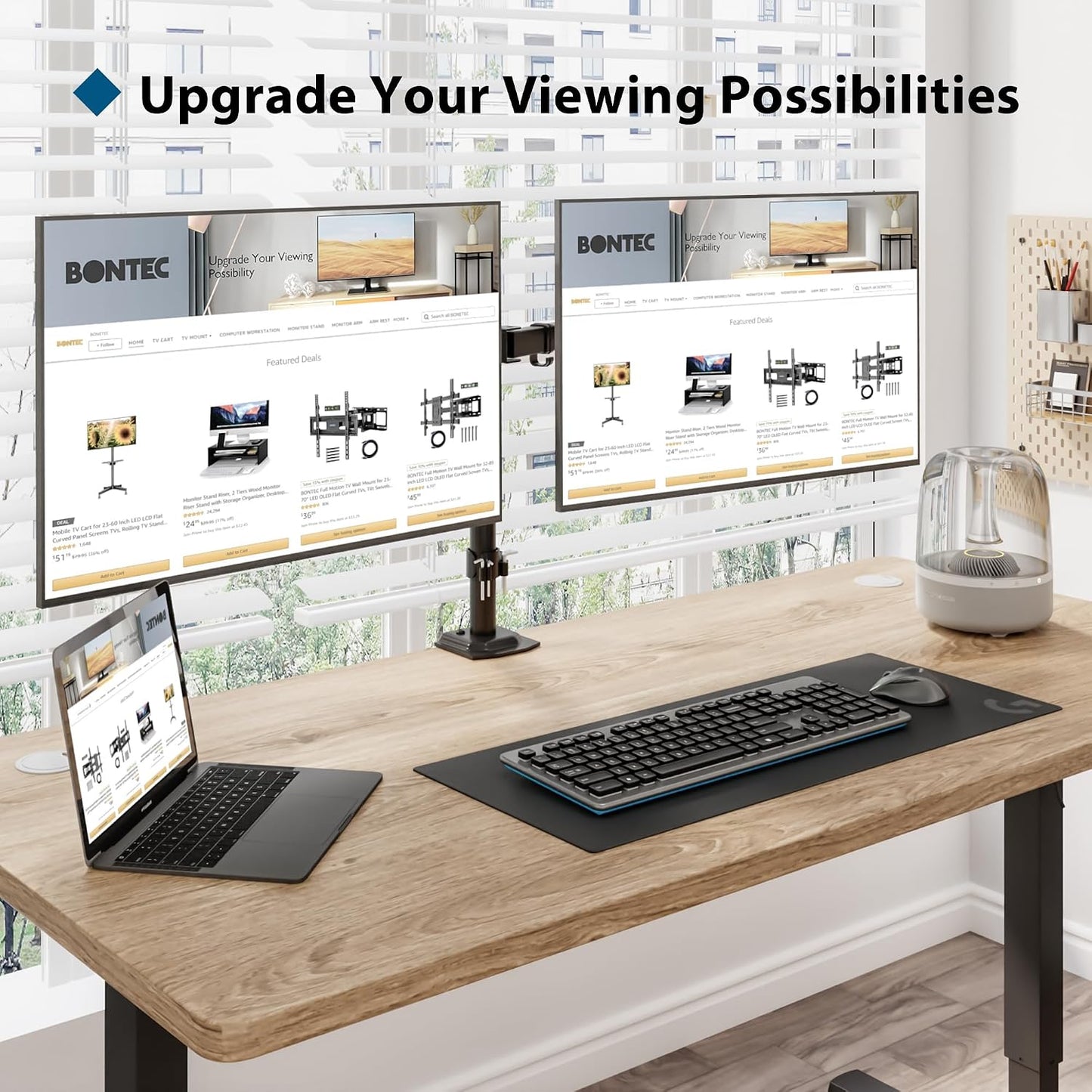 BONTEC Dual Monitor Arm for 13-32 inch LCD LED PC Screens, Height Adjustable 360° Rotation, 90° Tilt and Swivel, 22 lb per Arm, Desk Clamp or Grommet Mount, Cable Management,Black