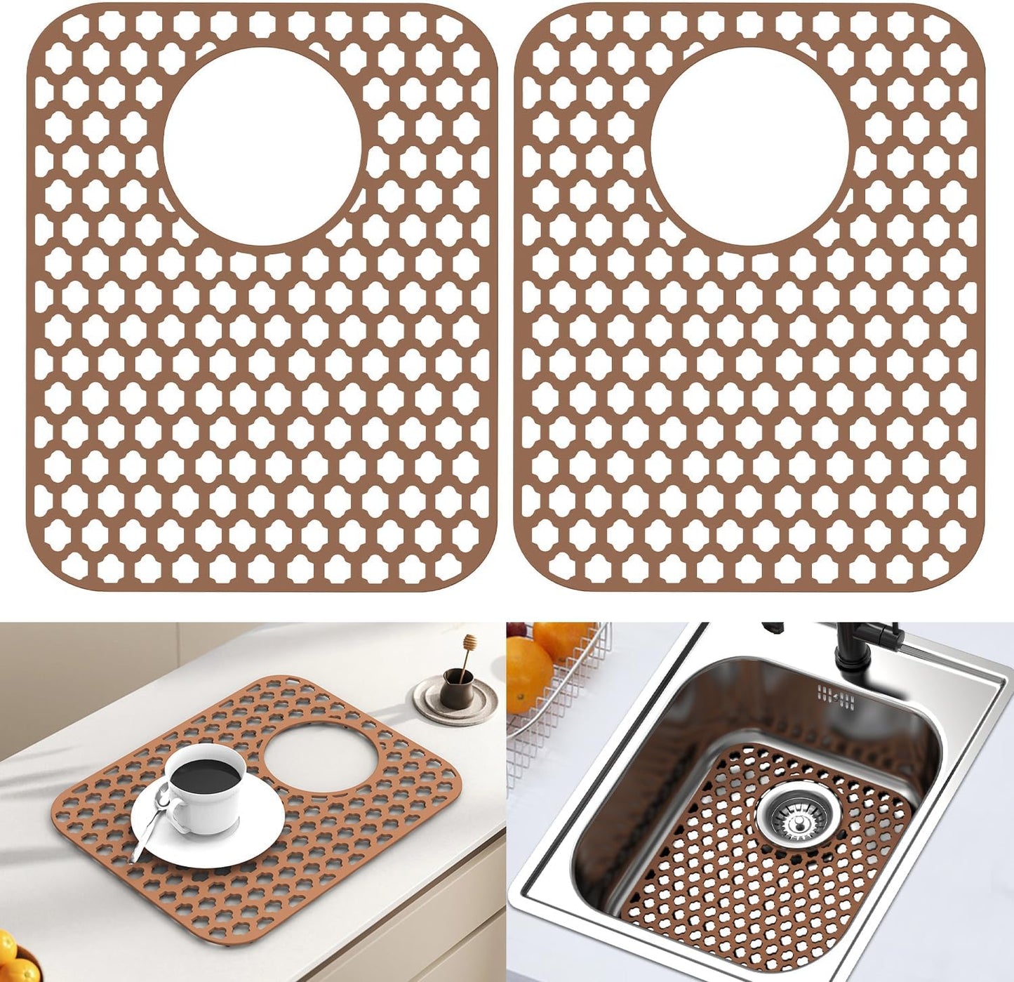 BEHOK 2 Pack Silicone Sink Protector for Kitchen Sink Bathroom Sink 13.58"x 11.6" Sink Mat, Non-Slip and Durable Silicone Sink Grid, Rear Drain (Gray)
