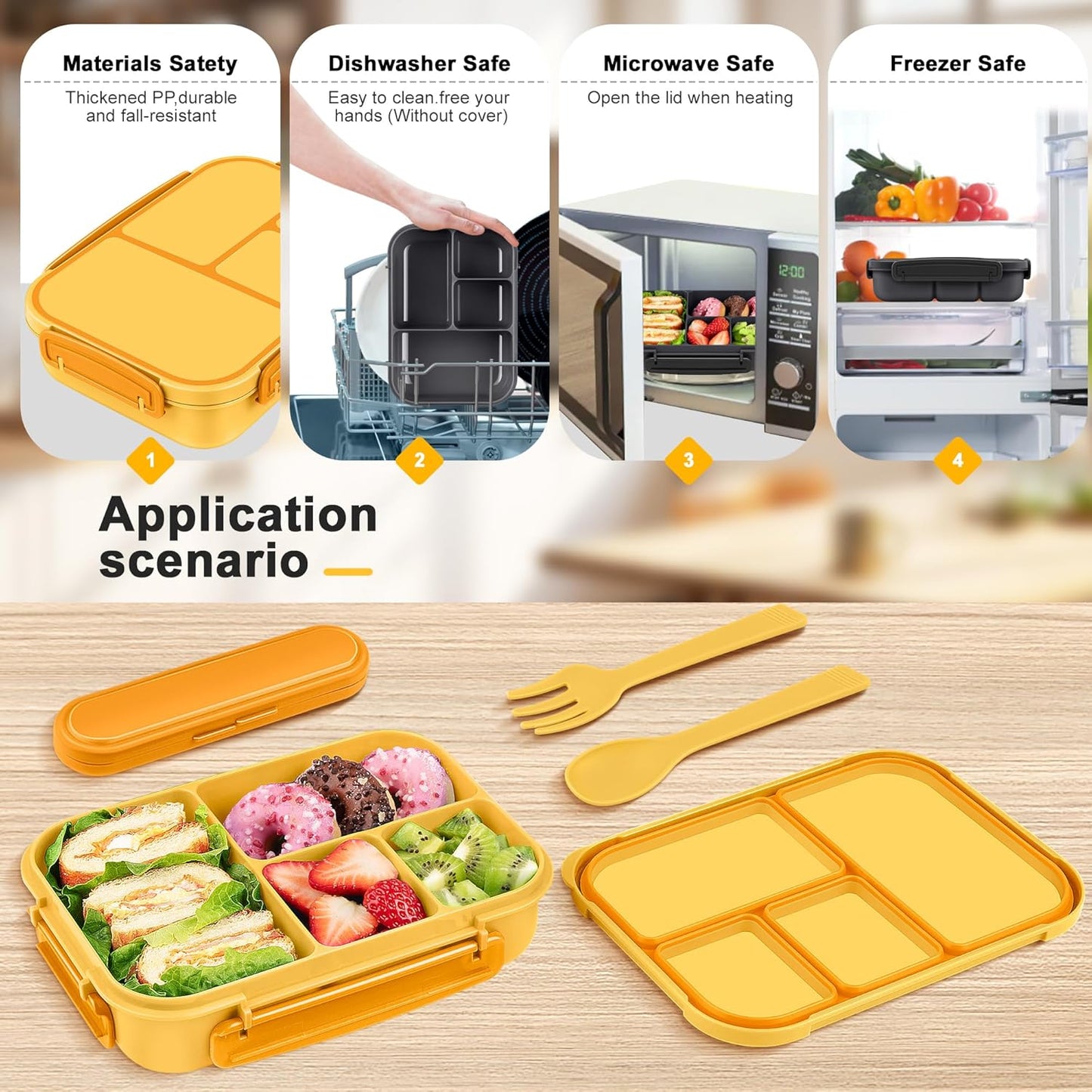 Amathley Lunch Box Kids,Bento Box Adult Lunch Box,Leakproof Lunch Containers for Adults/Kids/Toddler,1200ML-4 Compartments bento Lunch box with Utensil,Microwave & Dishwasher Safe(Dark Gray)