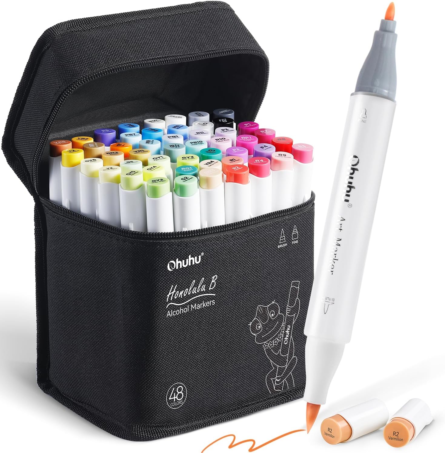 Ohuhu 48 Color Alcohol Markers Brush Tip: Double Tips Drawing Marker for Adults Artists Coloring Books Soft Tip Markers 1 Alcohol-based Marker Blender, Brush & Chisel- Honolulu Art Pen Gift - PuriLite