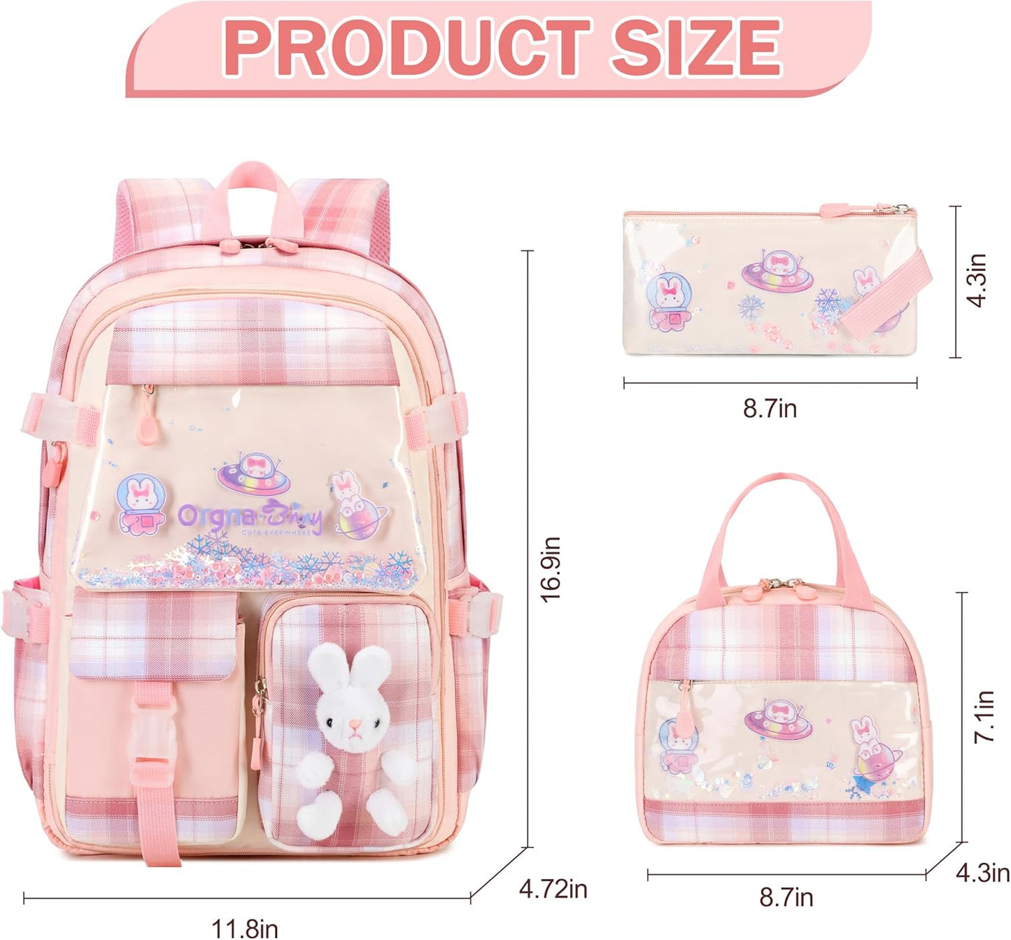 FIXITOK Girls Backpack Set, 3PCS Kids Backpack for Girls, Kawaii Bunny School Backpacks for Girl Kindergarten Elementary Preschool Middle School Bags with Lunch Box Pencil Case Aquamarine