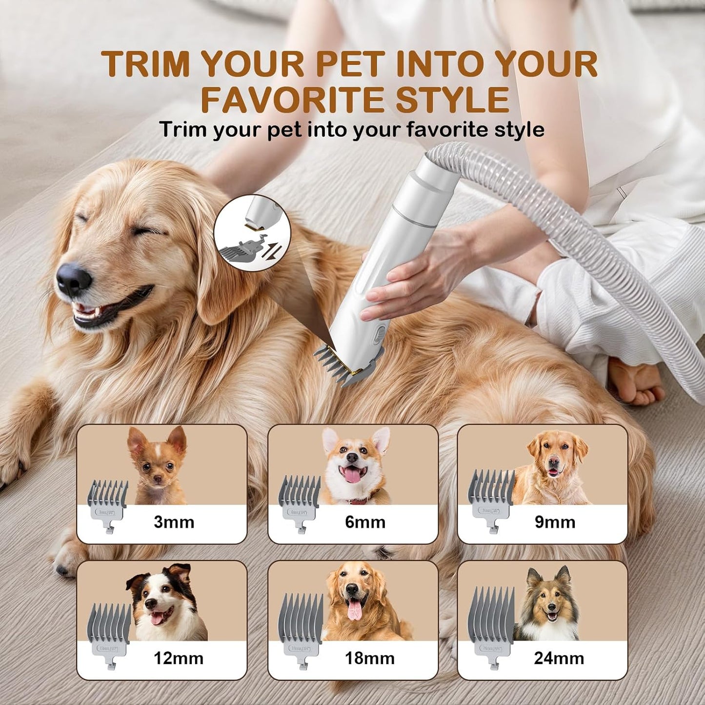 Dog Grooming Vacuum, Dog Grooming Kit, 3 Suction Modes Dog Brush Vacuum with 5 Pet Grooming Tools (Wheaten)
