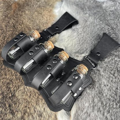 HiiFeuer Medieval Embossed Alchemy Faux Leather Buckle Belt with 4 Cork Vials, Fantasy Wizard Potion Bottles Belt