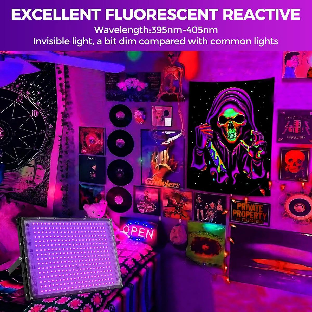 300W LED Black Lights for Glow Party, IP65 Waterproof UV Blacklight Floodlight 395nm Black Light Spotlight Purple Black Light Flood Light Fluorescent UV Light Lamp for Halloween Decor (4 Pack)
