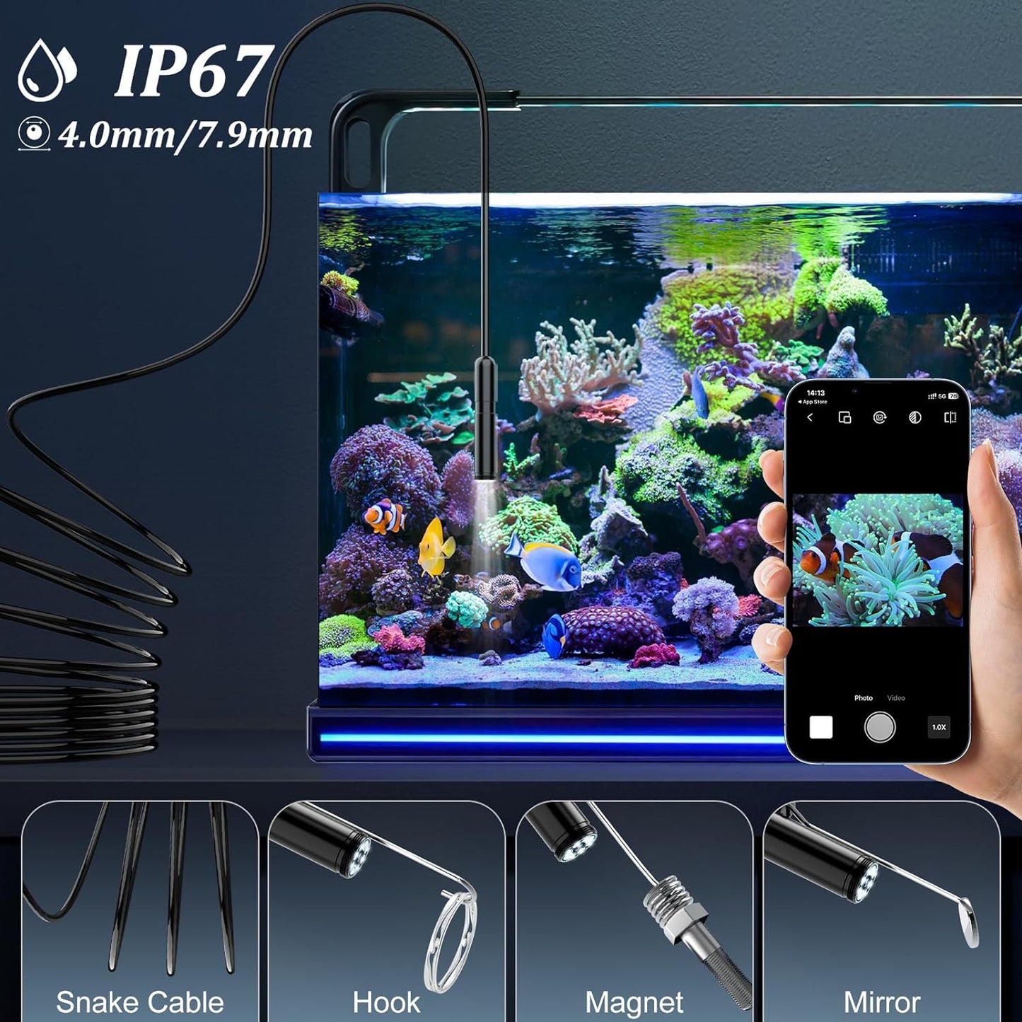 Endoscope Camera with Light, Ennovor 1920P HD, Endoscope Inspection with 8 Adjustable LED Lights, Borescope with Flexible Rigid Snake Camera, IP67 Waterproof and No WiFi Required, for Android iOS