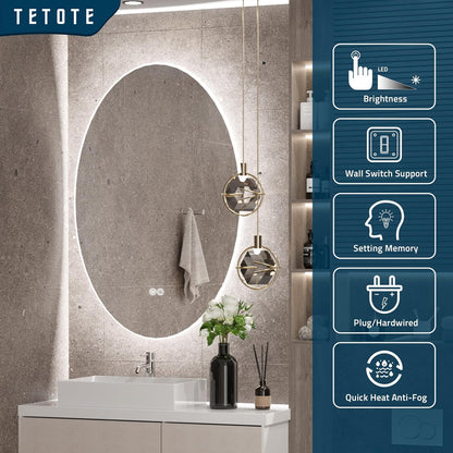TETOTE 28 Inch Round LED Bathroom Vanity Mirror, Anti-Fog Dimmable Lights IP54 Waterproof Circle Makeup Wall Mounted Mirror