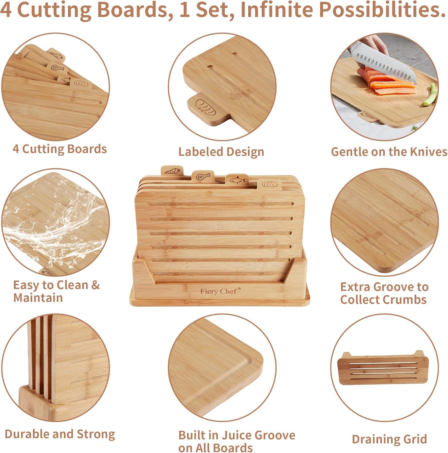 Fiery Chef Bamboo Cutting Board Set of 4 with Holder – Double-Sided Wood Chopping Boards with Food Icons & Juice Groove – For Meat, Fish, Bread, Vegetables & Fruit (12.6" x 9") - PuriLite