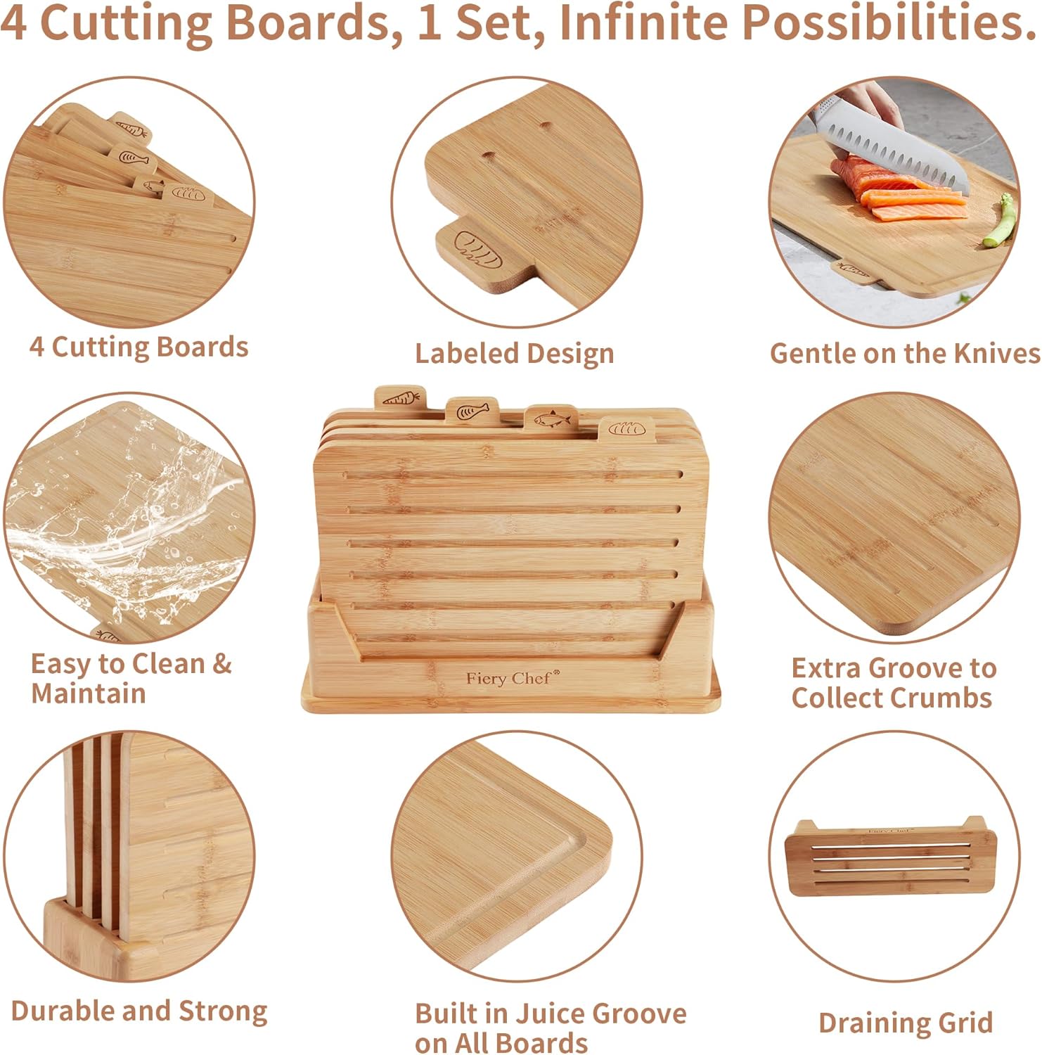Fiery Chef Bamboo Cutting Board Set of 4 with Holder – Double-Sided Wood Chopping Boards with Food Icons & Juice Groove – For Meat, Fish, Bread, Vegetables & Fruit (12.6" x 9") - PuriLite