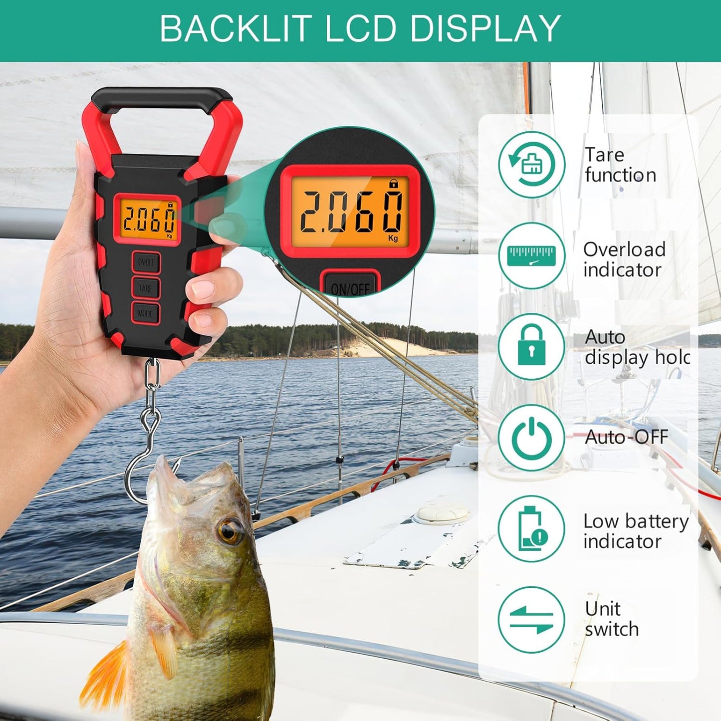 ORIA Fish Scale Digital, Fishing Scale, Fish Scale with Ruler and Fish Gripper, 110lb/50kg Baggage Weighing Scale, Backlit LCD Display (Orange)