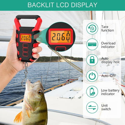 ORIA Fish Scale Digital, Fishing Scale, Fish Scale with Ruler and Fish Gripper, 110lb/50kg Baggage Weighing Scale, Backlit LCD Display (Orange)