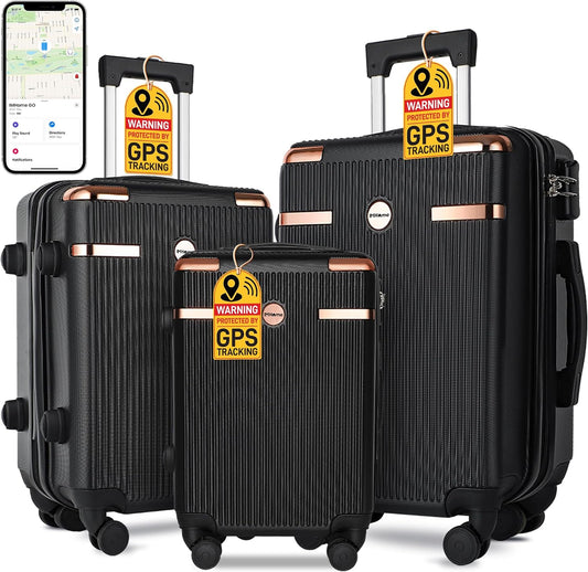 IMHome 3-Pc Luggage Set with GPS Tracker, 20/24/28'' Suitcases for Airplane