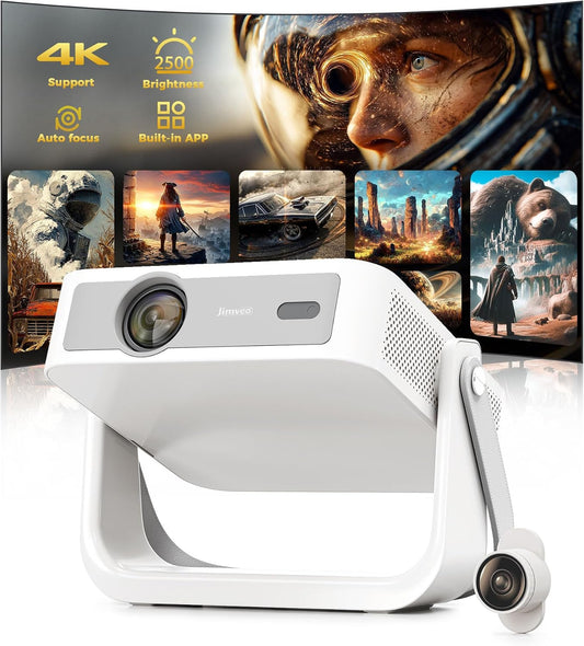 Portable-Projector-4k with Auto Focus,Jimveo AI Movin 3.0 OS, Official Apps | Magnetic Creative Filter,180° Stand,40W Audio,2500 Bright,Smart-Projector WiFi 6 & BT5.4,Mini Projecteur for Outdoor/Indoor
