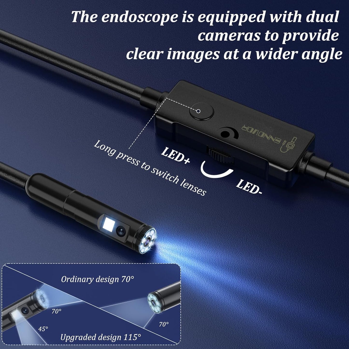 Endoscope Camera with Light, Ennovor 1920P HD, Endoscope Inspection with 8 Adjustable LED Lights, Borescope with Flexible Rigid Snake Camera, IP67 Waterproof and No WiFi Required, for Android iOS