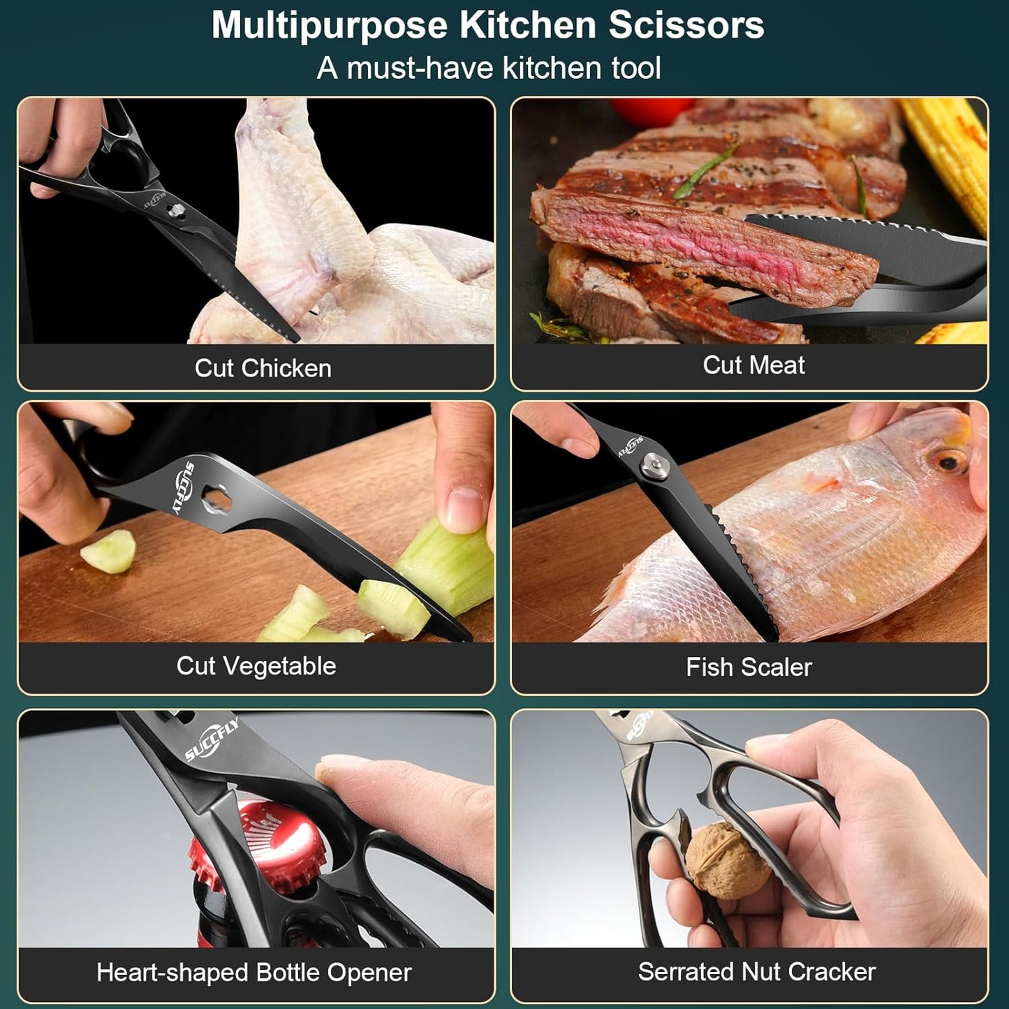 Premium Kitchen Shears Heavy Duty, Kitchen Scissors Stainless Steel, Sharp Poultry Shears, Food Scissors for Vegetable, Chicken, Meat, Fish, Detachable Scissors All Purpose with Black Titanium Plated