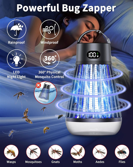 Eachway Bug Zapper Outdoor, 2 in 1 Powered Mosquito Zappers Killer with 2000mAh Battery & LED Light, 2000V Electric Fly Zapper, Waterproof Insect Zapper for Backyard, Patio (Black)