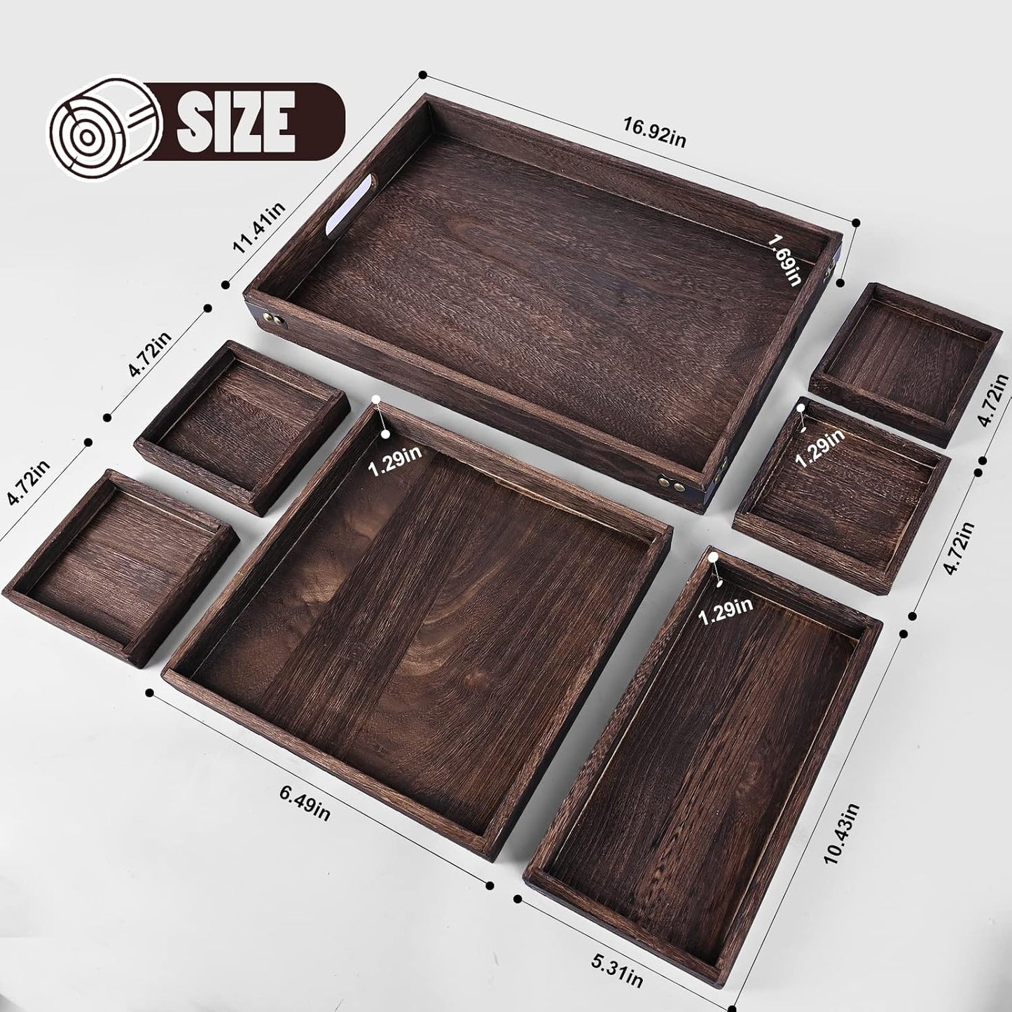 Wood Serving Tray with Handles, Set of 7 Rectangular Wooden Nesting Multipurpose Trays, Decorative Serving Trays Platter for Breakfast in Bed, Lunch, Dinner, Patio, Ottoman, Coffee Table, Party