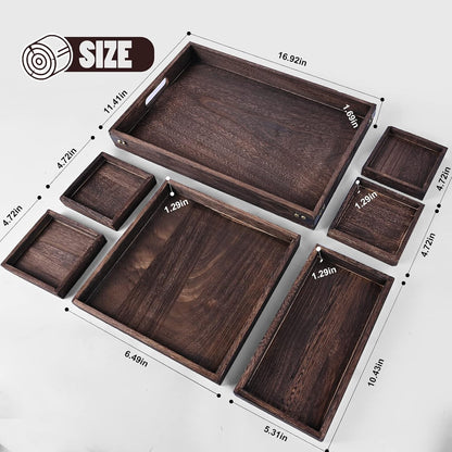 Wood Serving Tray with Handles, Set of 7 Rectangular Wooden Nesting Multipurpose Trays, Decorative Serving Trays Platter for Breakfast in Bed, Lunch, Dinner, Patio, Ottoman, Coffee Table, Party