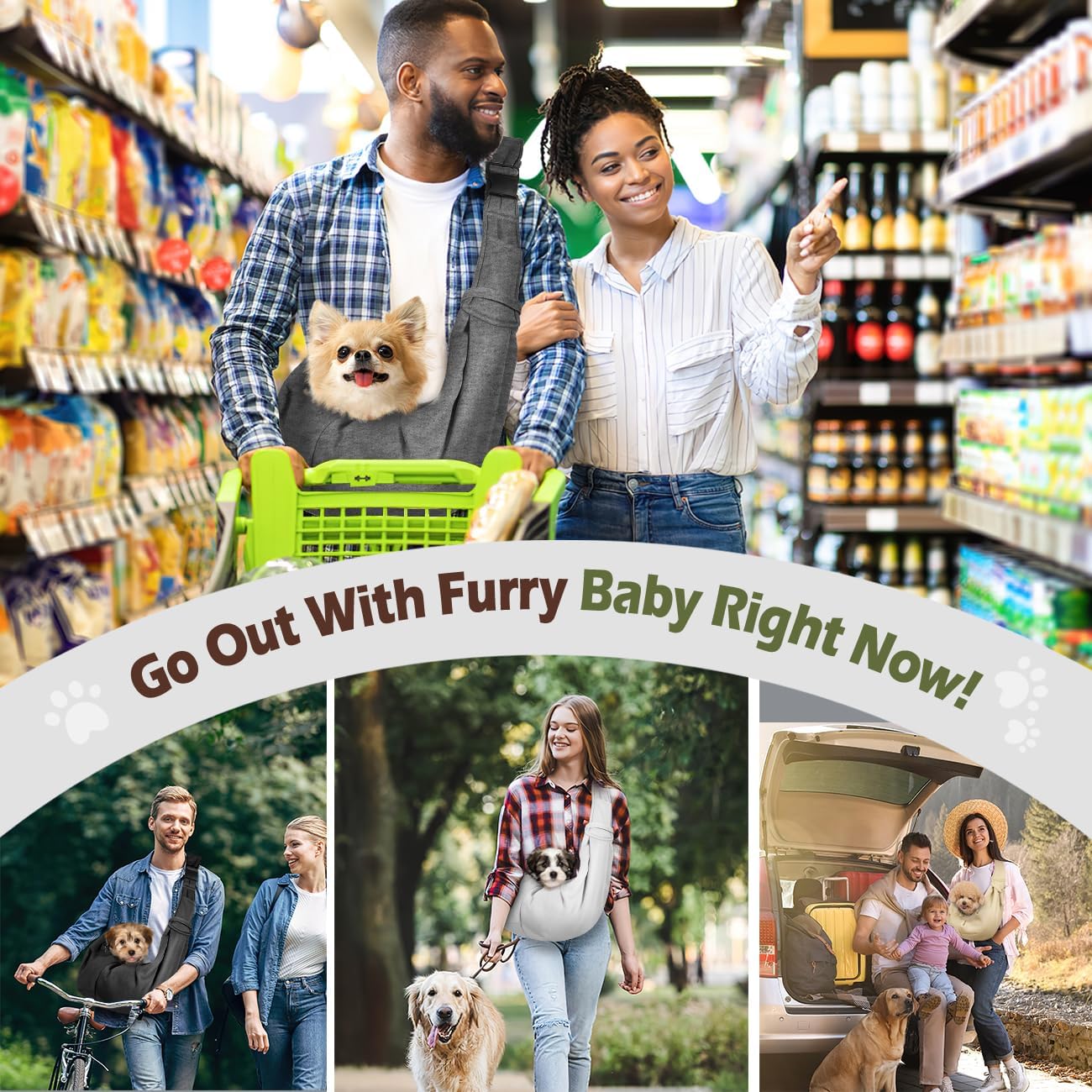 Pawaboo Small Dog Sling Carrier, Reversible Hands Free Dog Sling Carrier for Small Dogs and Cats, Puppy Sling Carrier with Adjustable Strap Buckle & Safety Harness, Puppy Essentials, Grey