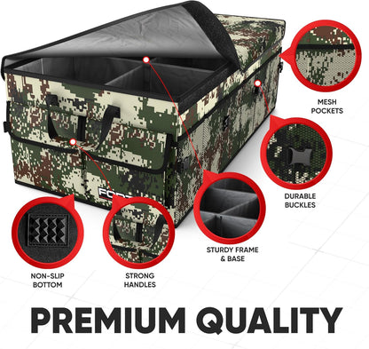 FORTEM Car Trunk Organizer, Collapsible Multi Compartment Car Organizer, Foldable SUV Storage for Car Accessories for Women Men, Non Slip Bottom, Securing Straps, Soft Cover 50L (Black, Standard)
