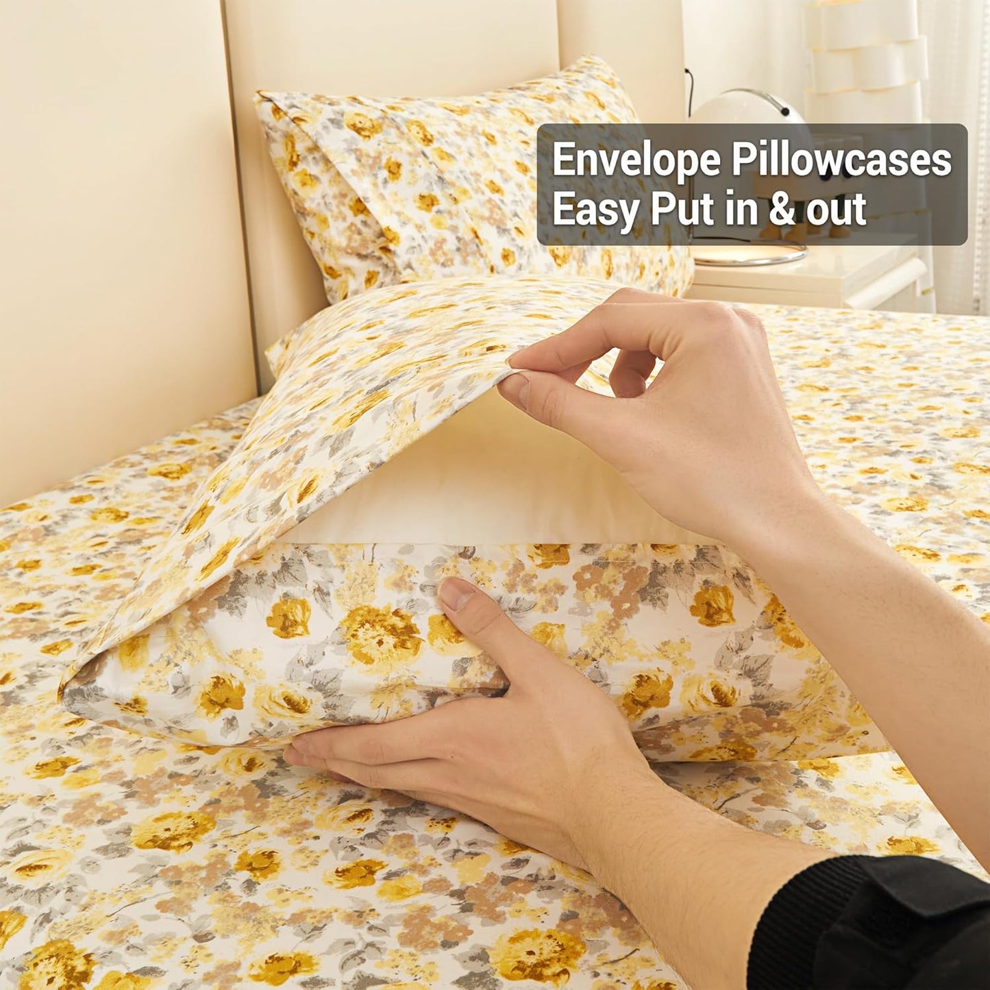 Viviland Floral Queen Sheet Set - 4 Piece Vintage Pink & Yellow Flower Patterned Bed Sheets - Soft, Breathable Microfiber Sheets with Deep Pocket, Non-Slip Fitted Sheets & Pillowcases