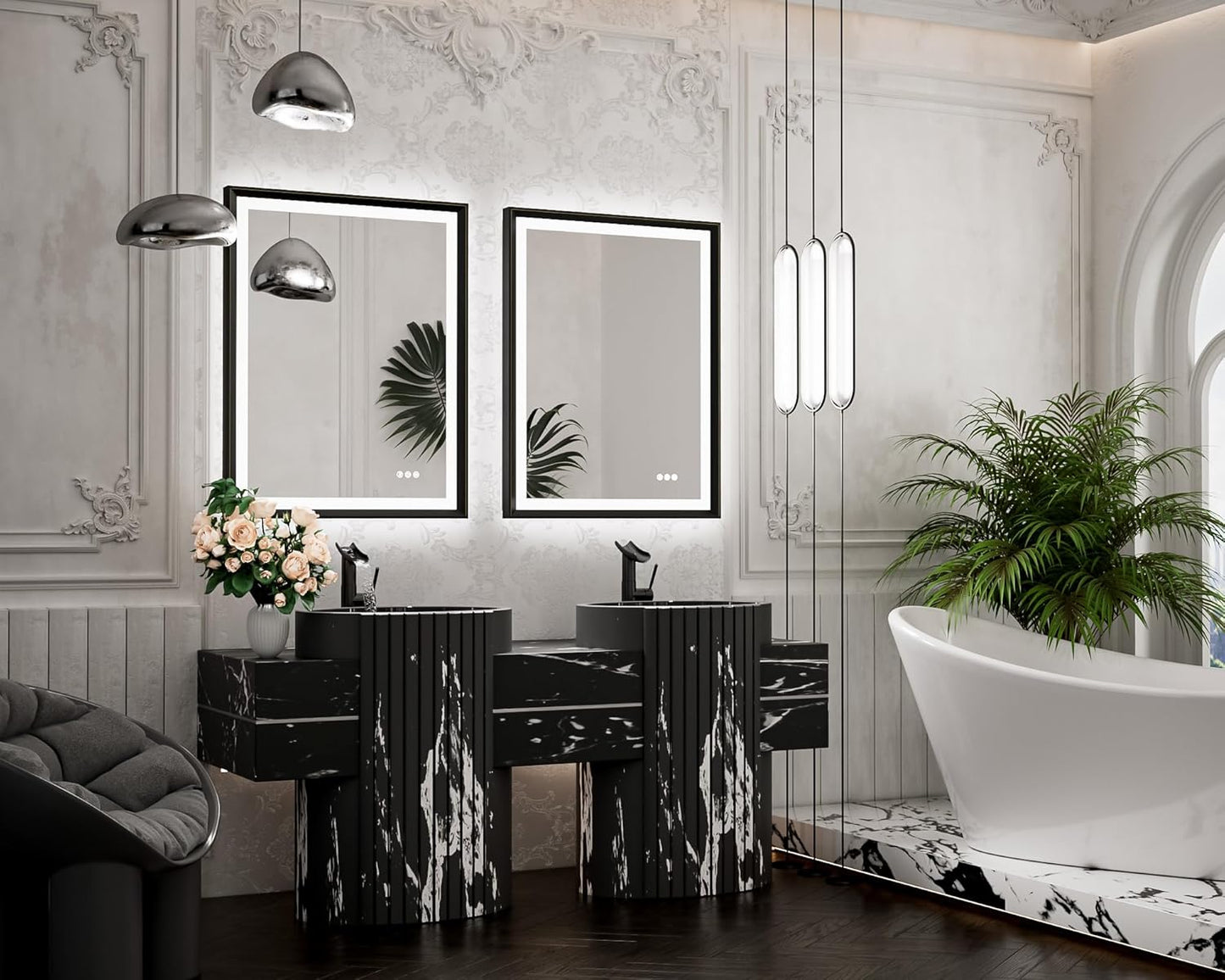 TETOTE 28x36 LED Mirror for Bathroom Black Metal Frame Frontlit & Backlit Lighted Vanity Mirror Baroque Gothic Anti Fog Stepless Dimmable White/Warm/Natural,Wall Mounted(Horizontal/Vertical)