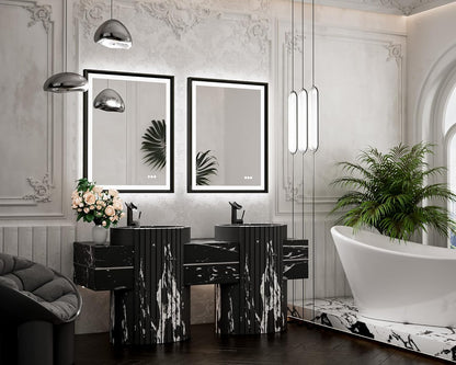 TETOTE 28x36 LED Mirror for Bathroom Black Metal Frame Frontlit & Backlit Lighted Vanity Mirror Baroque Gothic Anti Fog Stepless Dimmable White/Warm/Natural,Wall Mounted(Horizontal/Vertical)