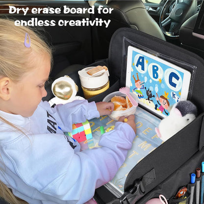 Kids Travel Tray for Car Seat | Portable Lap Desk with Dry Erase Drawing Board, Tablet Holder & Cooler Cup Holder