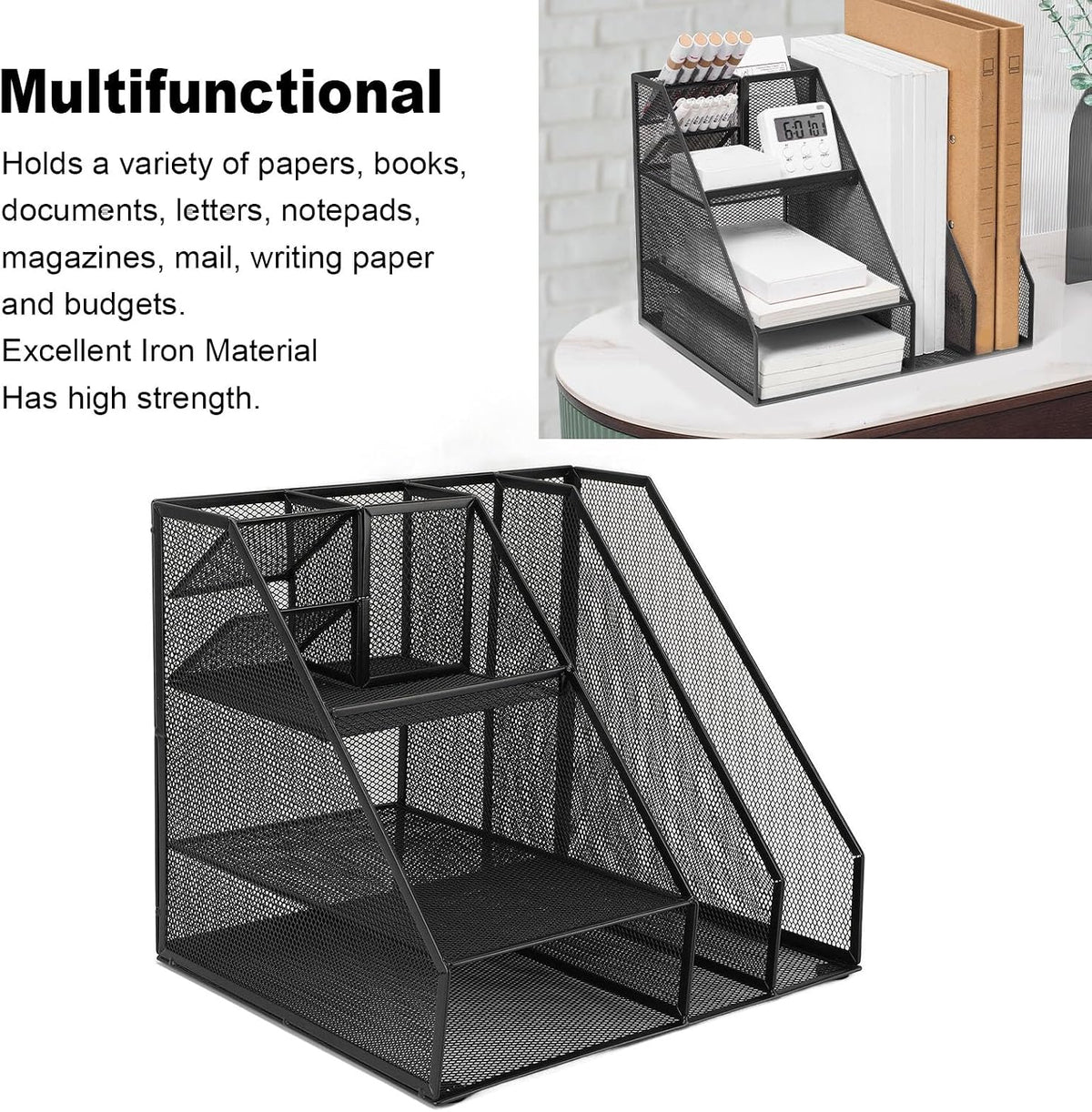 Metal Mesh Desktop Organizer Efficient Iron Storage Rack for Office Home School Supplies Black Iron