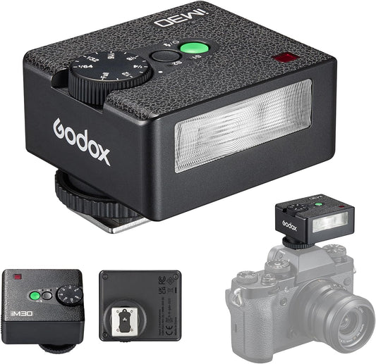 Godox iM30 Mini Camera Flash GN15 On-Camera Speedlite with 7 Power Levels 3.6s Recycle Time Single-Contact Hot Shoe Replacement for Canon Nikon Sony Mirrorless Cameras