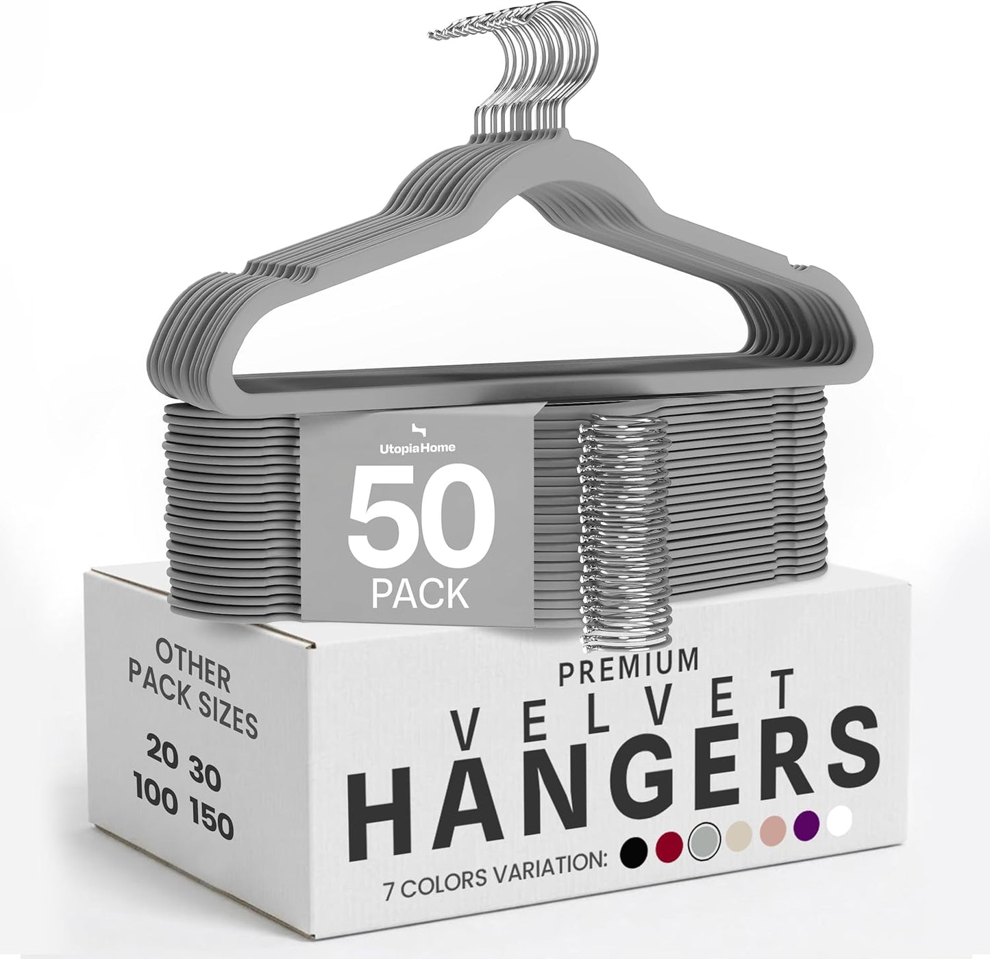 Utopia Home Velvet Hangers 50 Pack, Heavy Duty, Non-Slip, Space Saving Felt Clothes Hangers with 360° Hook & Notches (Grey)