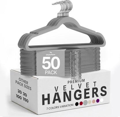 Utopia Home Velvet Hangers 50 Pack, Heavy Duty, Non-Slip, Space Saving Felt Clothes Hangers with 360° Hook & Notches (Grey)