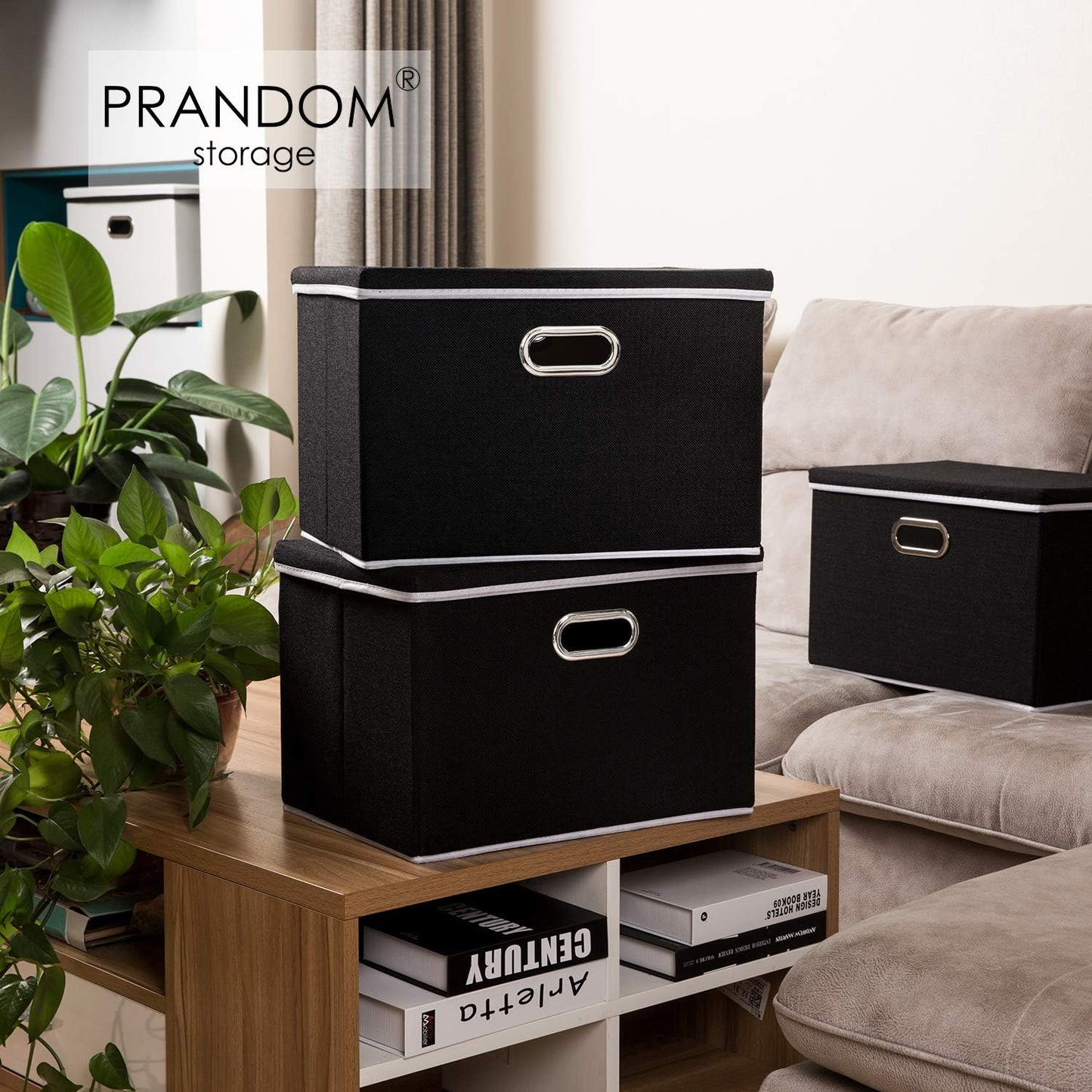 PRANDOM Large Foldable Storage Bin with Lid [1-Pack] Linen Fabric Decorative Storage Box Organizer Containers Basket Cube with Handles Divider for Bedroom Closet Office Living Room (17.7x11.8x11.8")