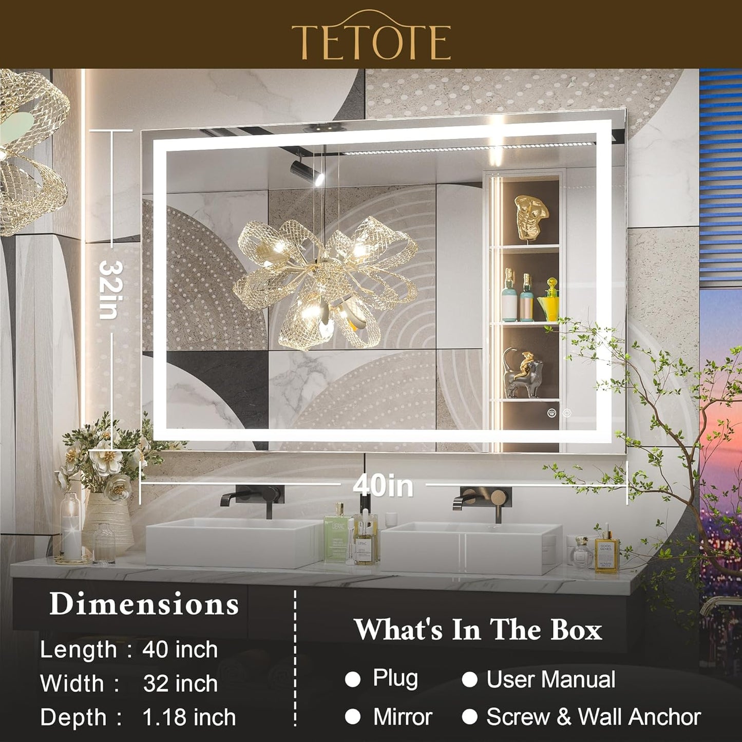 TETOTE 36 x 28 Bathroom LED Mirror Bedroom LED Mirror Fashion Style Vanity Makeup Mirror Dimmable Anti-Fog Wall Mounted Birthday Gift Housewarming Gift Wedding Gift