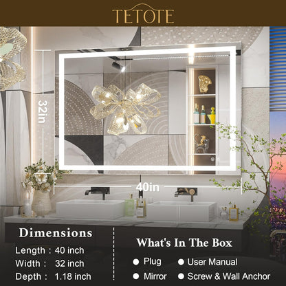 TETOTE 36 x 28 Bathroom LED Mirror Bedroom LED Mirror Fashion Style Vanity Makeup Mirror Dimmable Anti-Fog Wall Mounted Birthday Gift Housewarming Gift Wedding Gift