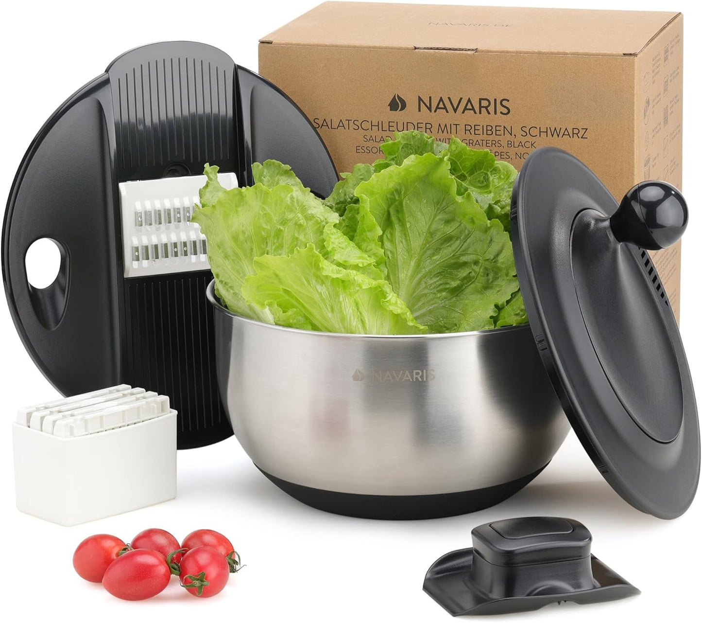 Navaris Salad Spinner with Lid - Salad Spinner Stainless Steel - Salad Dryer - Easy Washing, Drying and Spinning - Includes Grating and Slicing Discs