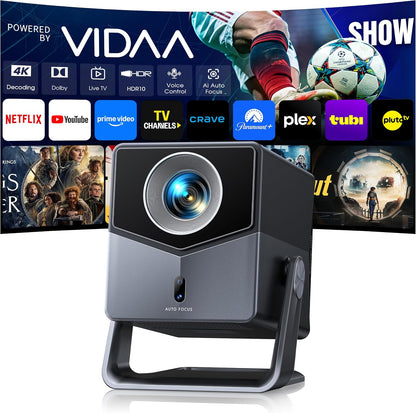Smart Projector 4K【VIDAA Live TV|36W Dolby】Outdoor Projecteur with WiFi6 & Two Way Bluetooth, 1080P Short Throw Proyector Competible with Netflix|AI Auto Focus & Keystone|HDR10 for Movie/Home/Bedroom