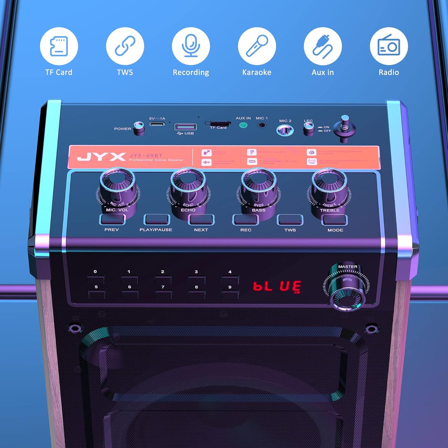 JYX Karaoke Machine with Two Wireless Microphones, Portable Bluetooth Speaker with Bass/Treble Adjustment, Remote Control and LED Lights, Supports TF Card/USB, AUX in, FM, REC for Party