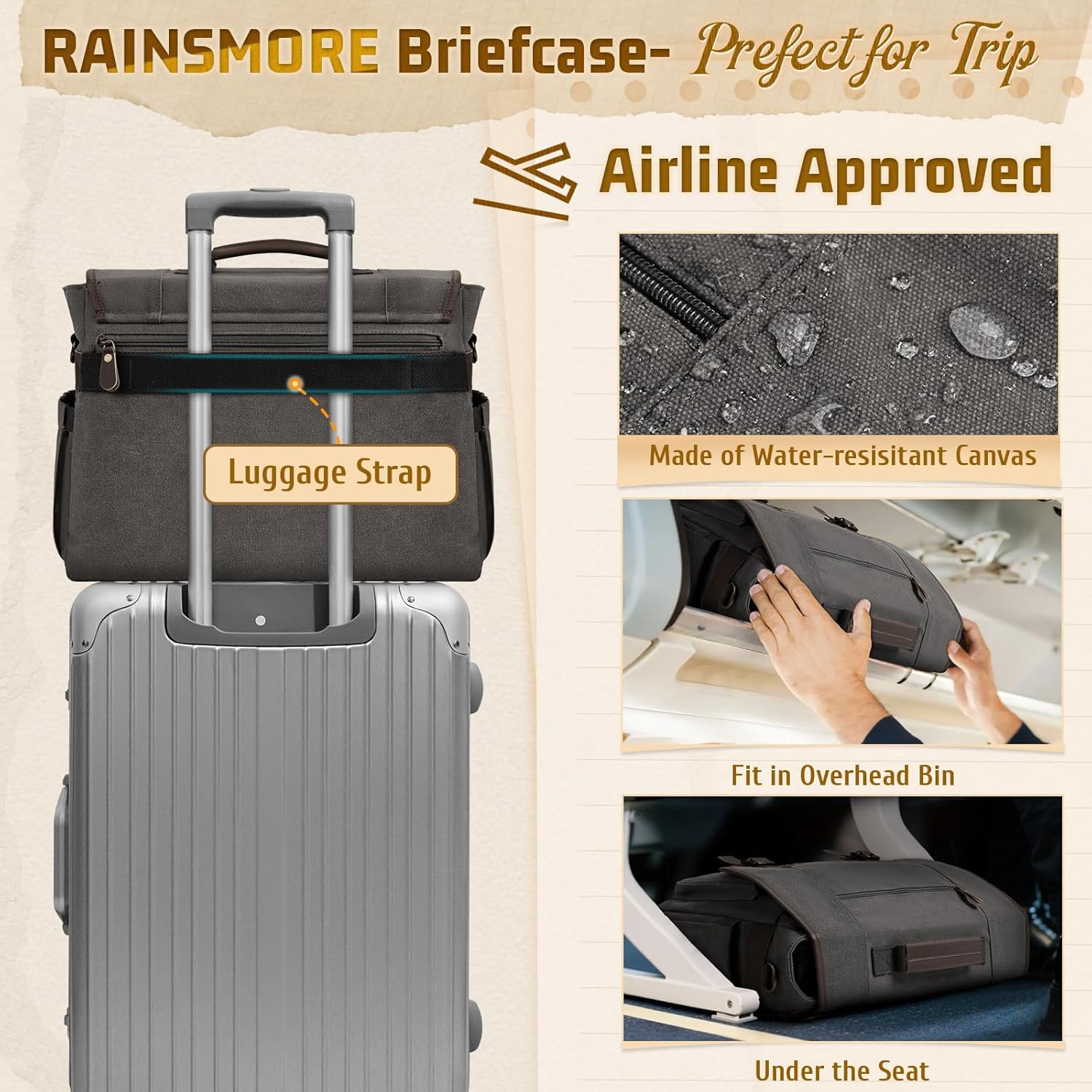 RAINSMORE Canvas Messenger Bag Men 17-17.3 Inch Laptop Bag Computer Briefcase Water Resistant Satchel Bag for Men Work Office - PuriLite