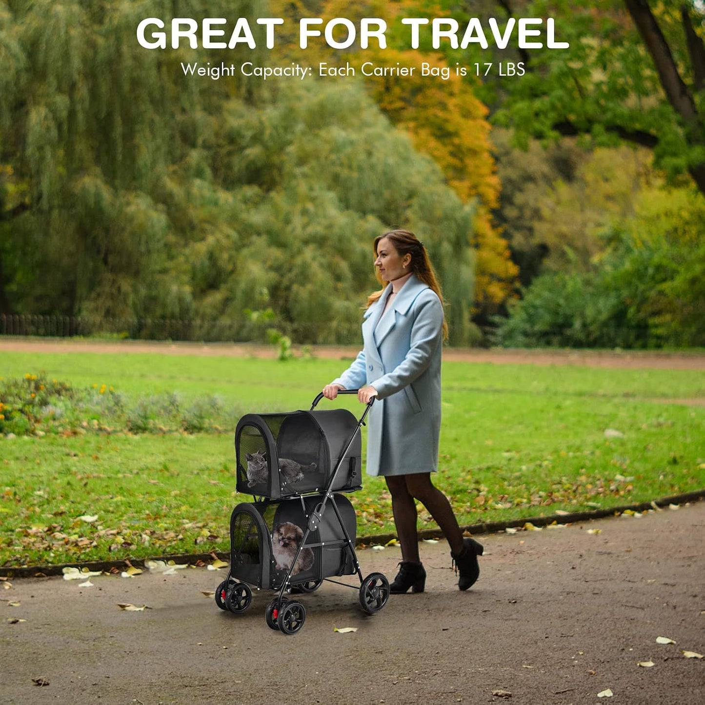 Giantex Double Pet Carrier with 2 Detachable Bags, Safety Belt, 4 Lockable Wheels, Cat & Dog Stroller, Folding Travel Carrier for Small & Medium Pets (Black)