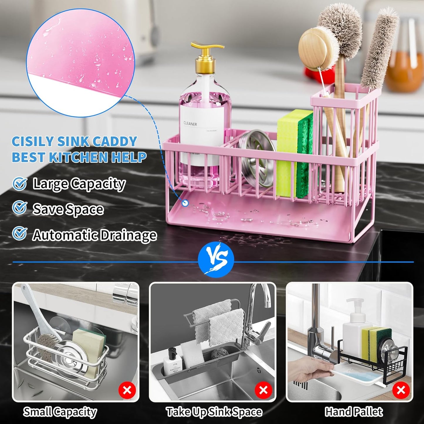 Cisily Kitchen Sink Caddy Organzier with High Brush Holder, Sponge Holder for Sink, 304 Rustproof Stainless, Kitchen Countertop Soap Dispenser Organizer, Kitchen Decor and Accessories (Black)