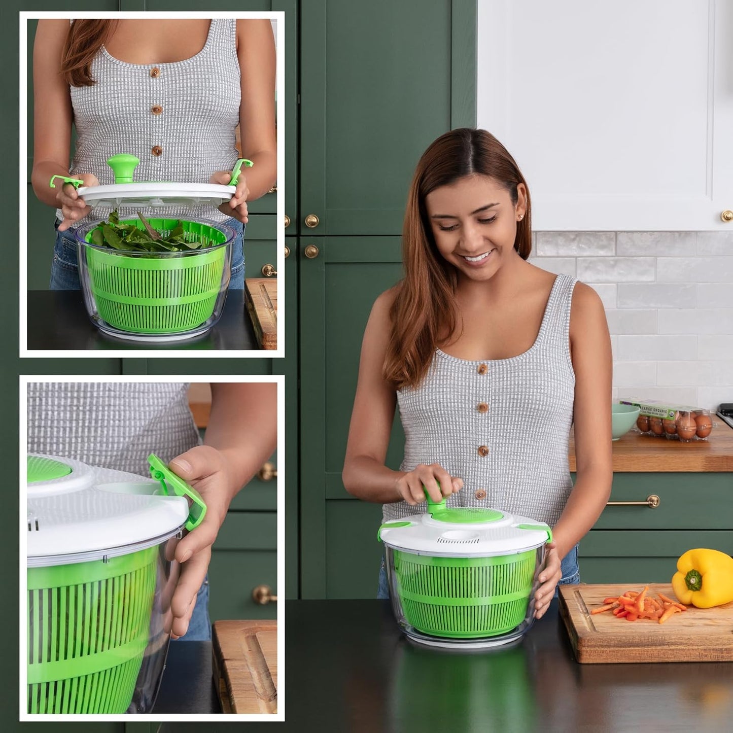 Zulay Kitchen Salad Spinner Large 5L Capacity - Manual Lettuce Spinner with Secure Lid Lock & Rotary Handle - Easy to Use Salad Spinners with Bowl, Colander & Built-in Draining System (Green)