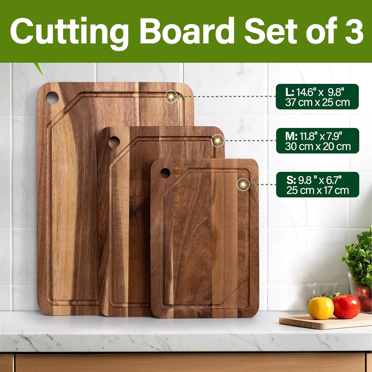 Bamboo Cutting Board Set of 3, Cutting Boards for Kitchen with Juice Groove, Bamboo Chopping Board Set, Serving Board Set for Meat, Fruit Vegetable and Cheese