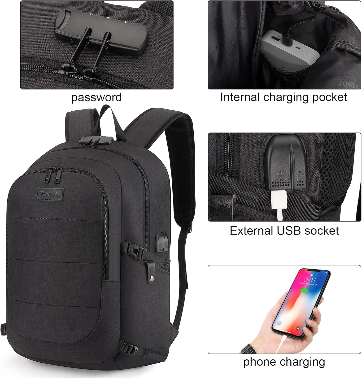 Tzowla Laptop Travel Slim School Backpack Water Resistant Anti-Theft Bag with USB Charging Port and Lock 15.6 Inch Computer Business Backpacks for Men Women College Student Gift,Bookbag Casual Daypack